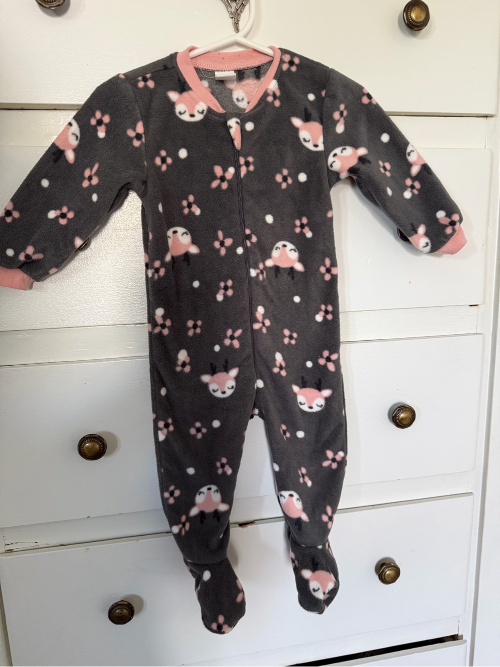 Baby Fleece Footed Pajama Coverall in Charcoal with Pink Foxes 9 months